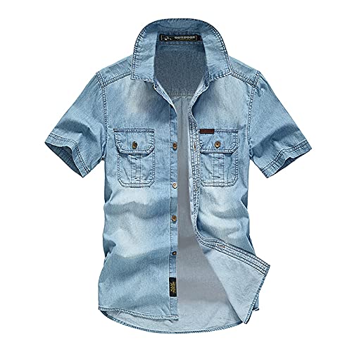 PODOLIXIA Camisa vaquera para hombre, manga corta, cuello vuelto, algodón, azul claro, XL, Regular, Casual, Primavera