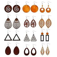 XiYee 12 Paare Holz Ohrringe für Damen - Ethnische Afrikanische Hänger Baumelnde Ohrringe Mit 316L Edelstahl Haken - Böhmen Vintage Schmuck