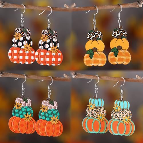 Handmade Thanksgiving Pumpkin Dwarf Double-sided Wooden Dangle Earrings Colorful Lightweight Flower Pumpkin Pie Coffee Cup Triple Hanging Earrings for Women Thanksgiving Day Fall Holiday Jewelry3