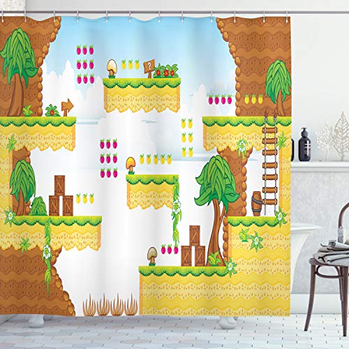 Ambesonne Video Games Shower Curtain, Cartoon Retro Computer Graphic Western Design Box Cloud Fun Adventure 9 's, Cloth Fabric Bathroom Decor Set with Hooks, 69