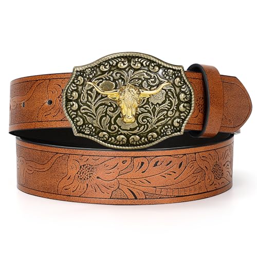 Western PU Leather Belt for Men and Women Cowboy Cowgirl Belt Western Embossed Leather Belt