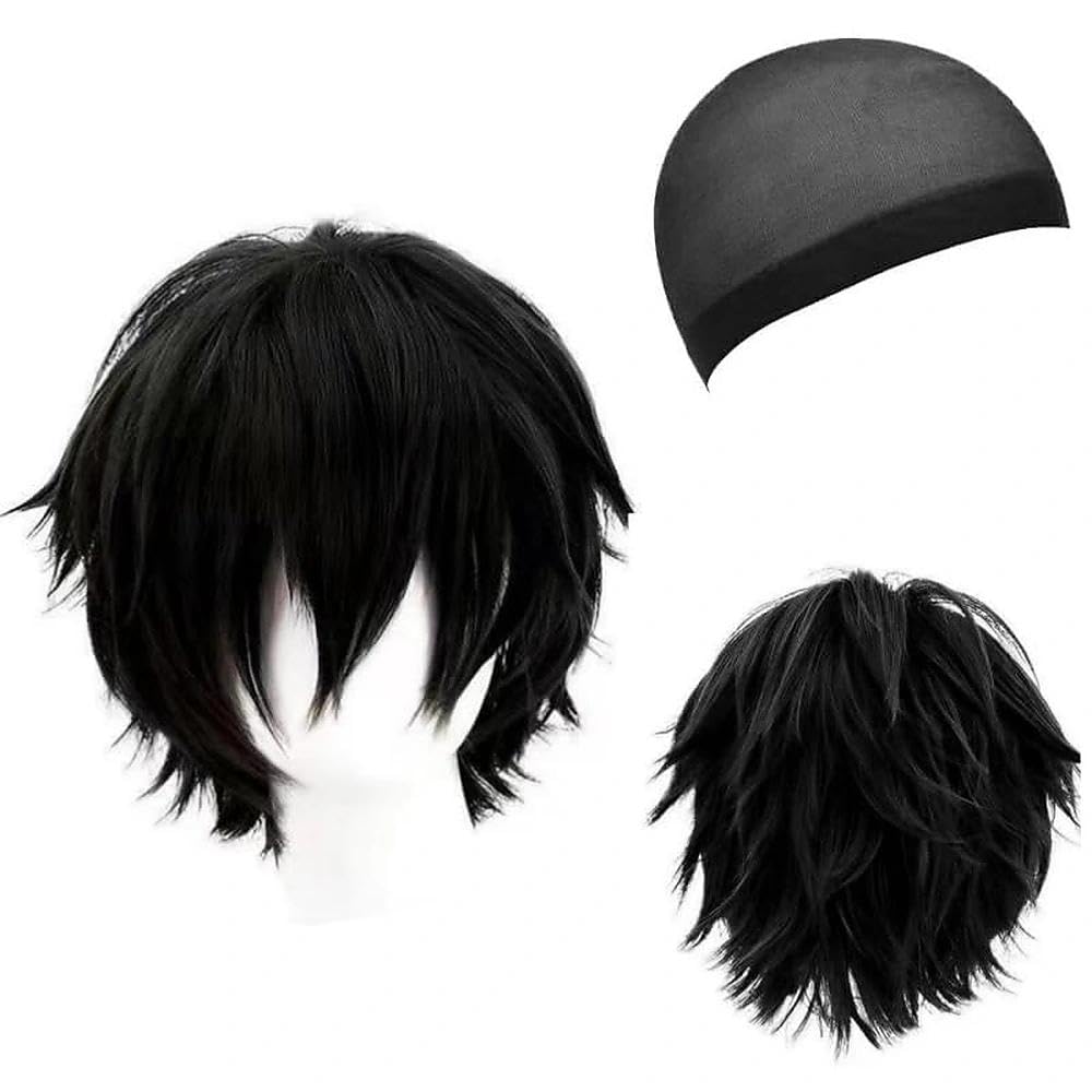 Anime Parrucca Nero, Sintetico Cosplay Parrucca Lisci Corto Parrucche, Capelli per Halloween Festa