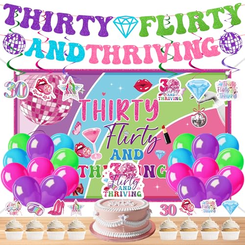 Thirty Flirty and Thriving Decorations Set 30 Flirty and Thriving Birthday Party Banner with Swirls Backdrop Cake Toppers Balloons 30th Birthday Party Decor for Women