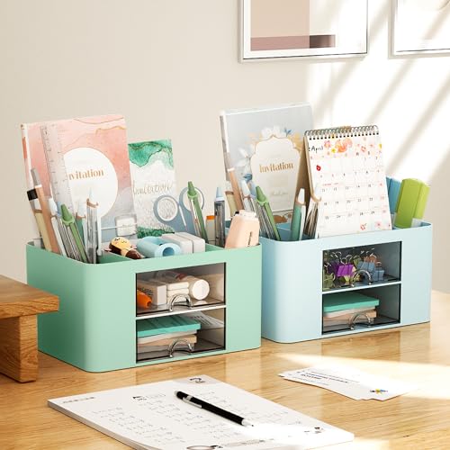 Image of Marbrasse Pen Organizer with 2 Drawer, Multi-Functional Pencil Holder for Desk, Desk Organizers and Accessories with 5 Compartments + Drawer for Office Art Supplies (Green)