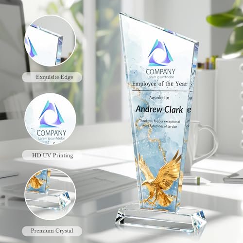 Image of Custom Crystal Trophy Award Personalized Plaque Award with Text Logo Photo Awards Trophies for Employee Recognition Team Graduation Personalized Office Gifts for Boss Coworker Teacher