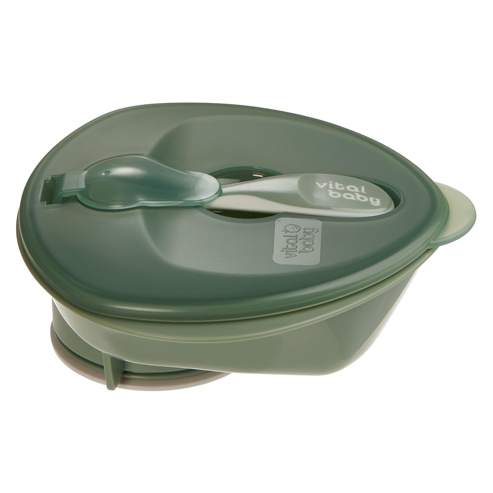 Vital Baby Nourish Power Suction Weaning Bowl with Lid and Spoon 6m+, Green, Strong Suction, Easy Scoop Sides, Leakproof Lid & Spoon, EarthSmart Biodegradable, BPA-Free