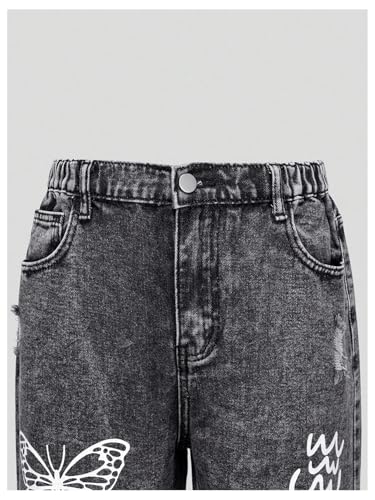 WDIRARA Girl's Cute Letter Graphic Ripped Jeans Straight Leg Distressed Denim Pants3