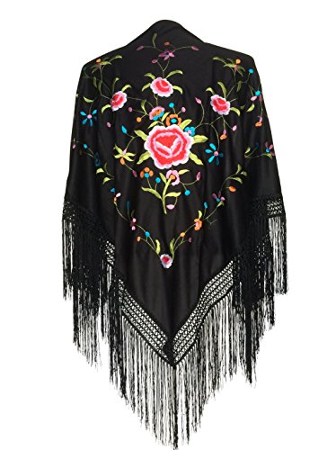 Shawl for flamenco dance. Black Manila shawl with flowers. Medium 63.0 x 30.7 in