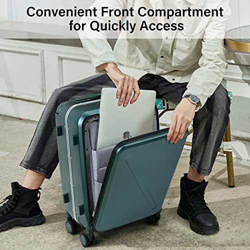 MILADA Wide Handle Luggage with Front Pocket Hardshell Aluminium Check In Suitcase with Wheels Medium 24 Inch Front Opening Checked Luggage with Spinner Wheels TSA Approved Luggage, Blackish Green2