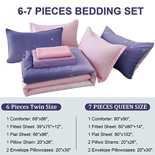 Image of Girls Comforter Set Twin XL /Full Size Colorful Ombre Pink Purple Rainbow Bedding Set Bed in A Bag for Kid Teen Girls 7 PC (1 Comforter, 1 Flat Sheet, 1 Fitted Sheet, 2 Pillow shams, 2 Pillowcases)