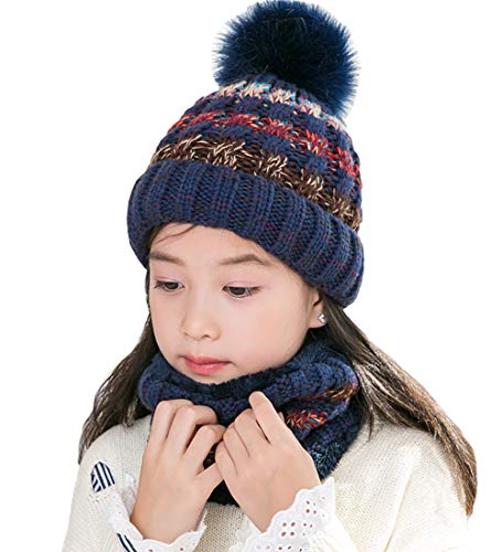 T WILKER 2Pcs Kids Winter Knitted Hats+Scarf Set Warm Fleece Lining Cap for Girls Blue