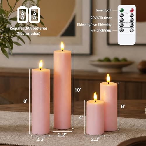 Image of Flickering Flameless Pillar Candles with Remote Control and Cycle Timer,Pink Pack of 4 Battery Operated(Powered by 2AA) LED Real Wax Tall Fake 3D-Wick Electric Candles(D 2.2 inch x H 4 inch,6 inch,8 inch,10 inch)