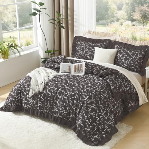 Image of Litanika Floral Ruffle Full Size Comforter Set, 3 Pieces Purple Farmhouse Aesthetic Soft Lightweight Fluffy Bedding Comforter Sets for Girls Women, All Season (79x90In Comforter, 2 Pillowcases)