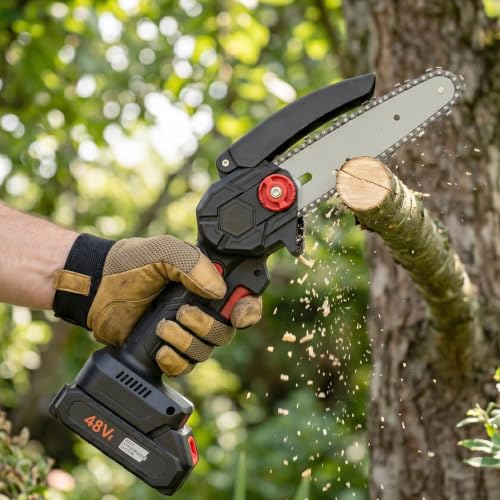 Image of Cordless Mini Chainsaw 48VF Battery Powered Handheld Electric Chainsaw Portable Small Pruning Shears Wood Cutter for Tree Trimming Branch Cutting Garden Yard Work Woodworking with Safety Baffle
