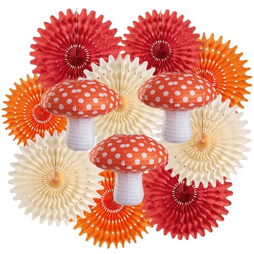 Homarkable Mushroom Paper Lanterns Paper Fans, Mushroom Party Decorations, with 3 Mushroom Lanterns 12 Inches, Red Orange Paper Fans, Honeycomb Party Decorations for Nursery Garden Forest Party
