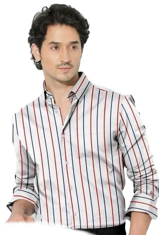 Image of Mahima Ethnic Centre's Men's Vertical Striped Cotton Blend Shirt Business Casual Button Down
