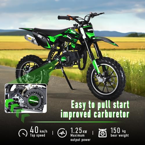 Image of 50CC Kids Dirt Bike,2-Stroke Gas Powered Mini Dirt Bike for Kids Up to 35 MPH Off-Road Motorcycle with 10-Inch Tires Disc Brakes 330LBS Max Load Pull Start Gift for Boys Girls Youth 8-14 (Green 2026)
