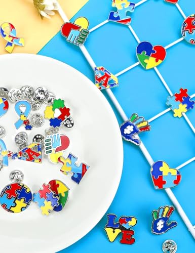 JUNEBRUSHS 84pcs Autism Awareness Brooch Pins Colorful Puzzle Pieces Inspirational Lapel Pins for Adults Autism Awareness Party Gift Supplies Clothes Decor Accessories2