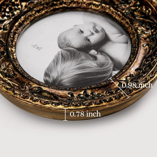Image of eletecpro 3x3 Small Round Picture Frame with Glass Cover, Antique Gold | Retro Ornate Gold Photo Frame 3 x 3 for Tabletop or Wall Hanging