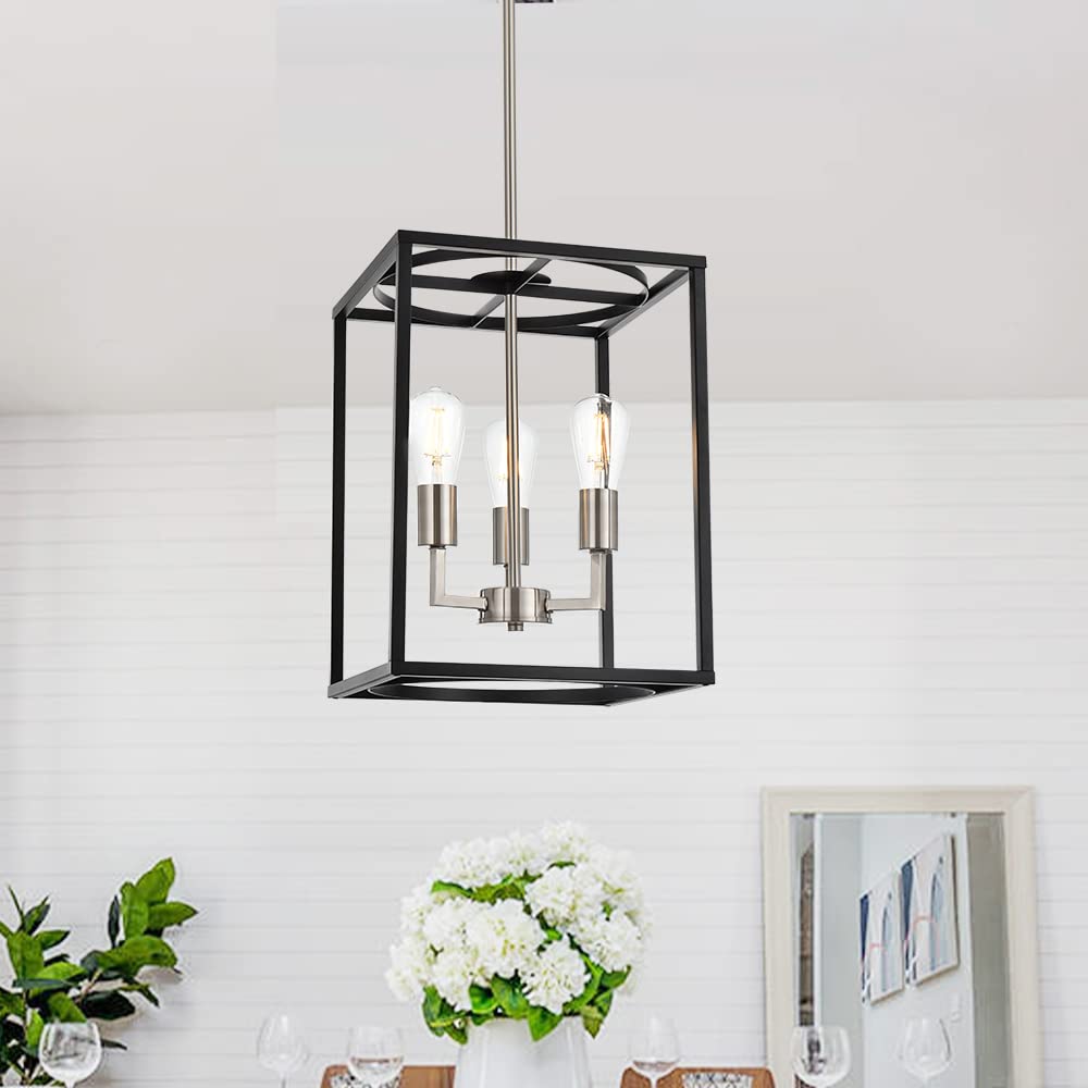 BONLICHT Square Cage Island Chandelier 3 Light Kitchen Island Lantern Pendant Lighting Black and Brushed Nickel Farmhouse Style Modern Dining Room Light Fixtures Ceiling Hanging Foyer Pendant Lamp