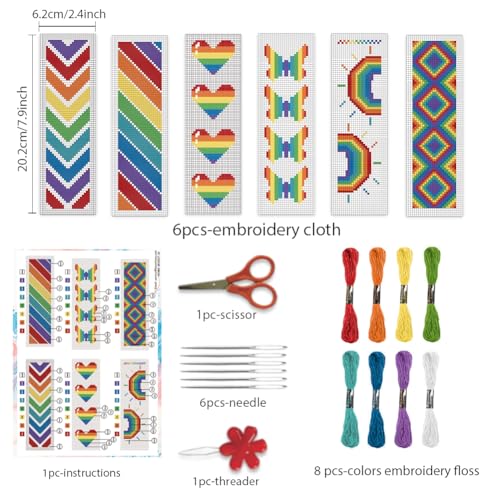 Image of BEUNITONE Cross Stitch Bookmark Kit 6 Pcs Rainbow DIY Bookmarks Cross Stitch Kits for Adults Beginners Love Heart Pre-Sorted Floss Cross-Stitch Stamped Embroidery Kit with Instruction 8''x2.4''