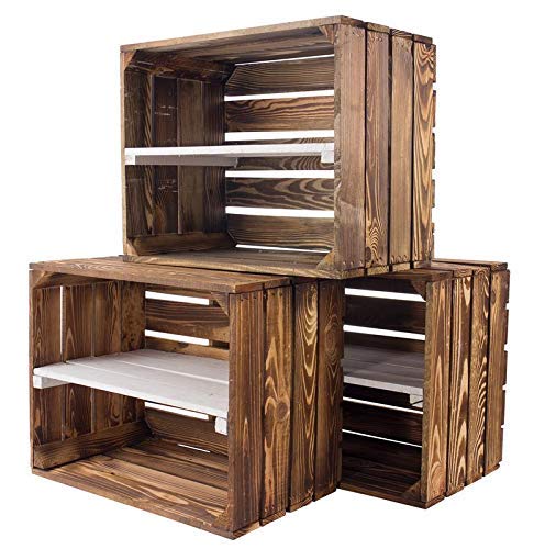 Kontorei® New Flamed / Burnt Wooden Box with Centre Board White 50 cm x 40 cm x 30 cm Set of 3 Fruit Boxes Shoe Rack