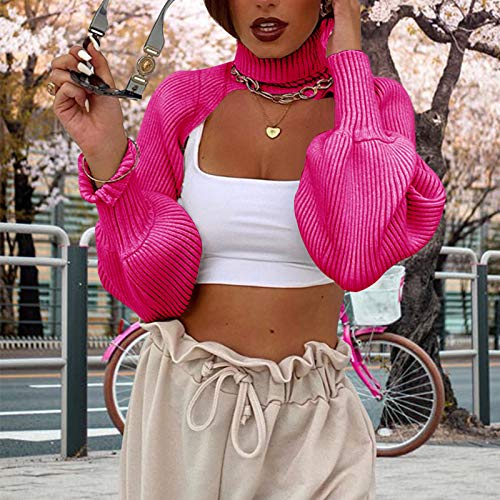 Image of High Collar Long Puff Sleeve Sweater Knitwear Solid Color Pullover Crop Top Ultra Short Turtleneck Sweatshirt