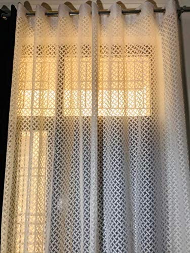 Image of Honger Polyester Beautiful Decorated Net Tissue Pack of 2 Pecs Curtains White Cross Design Net Curtains for 4 x 9 Feet Long Door Curtains for Home || Living Room Use Sheer Curtains