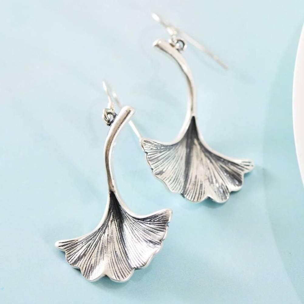 Ears990 Sterling Silver Vintage Thai Silver Do Old Personality Fan-Shaped Ginkgo Leaf Earrings Female Earrings/Silver