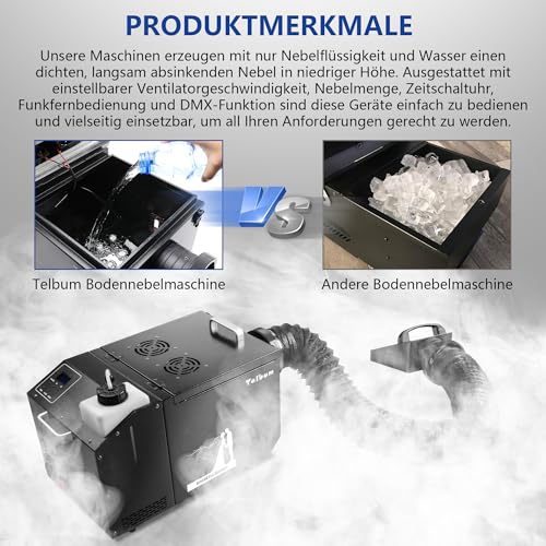 Telbum 1500W Boden Nebelmaschine mit Schlauch, Nebelmaschine Bodennebelmaschine mit Fernbedienung, DMX 512, Manuelle Steuerung, Timerfunktion, Rauchmaschine Fog Maschine für Halloween, Bühne, Hochzeit