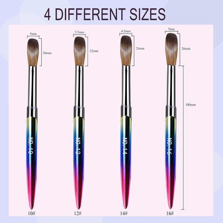 KIRA Professional Rounded Acrylic Brush Set | Nail Art Extensions | Natural Bristles Bristles & Light Sturdy Rainbow Body, Smooth Application | 4pc Acrylic Nail Brush, Size 10/12/14/16 - Image 3 thumbnail
