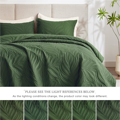 EXQ Home Quilt Set King Size Olive Green 3 Piece,Lightweight Soft Coverlet Modern Style Leaf Pattern Bedspread Set(1 Quilt,2 Pillow Shams)