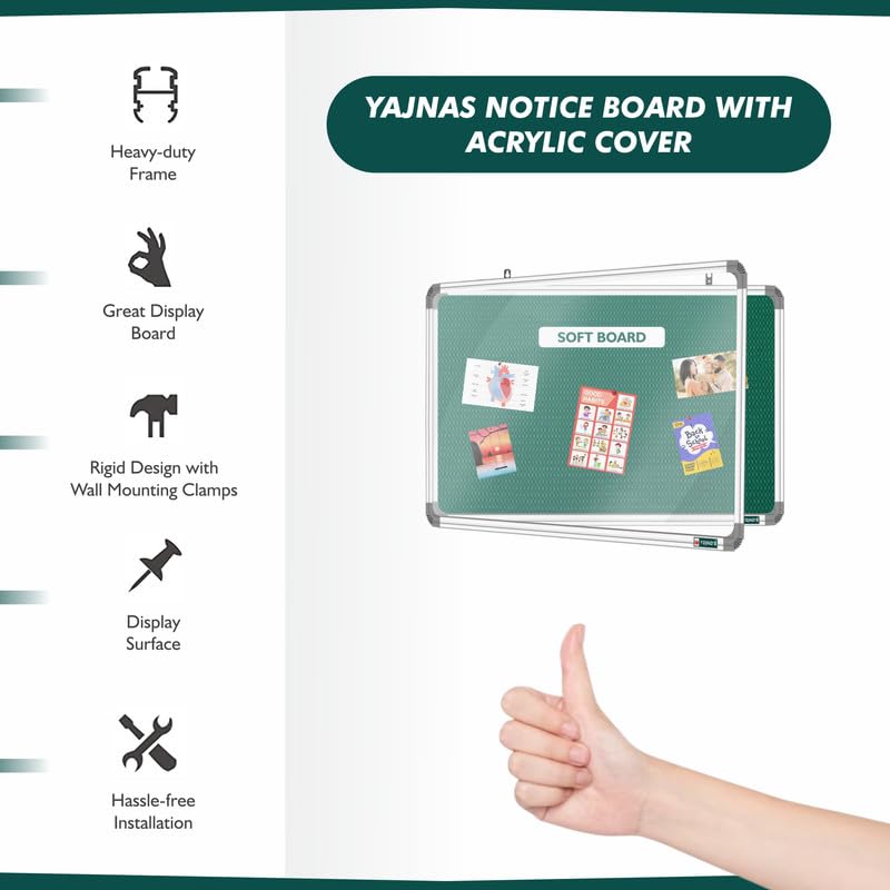 Image of YAJNAS 2X5 Feet Premium Material Green Designed Notice Board with Acrylic Door /Soft Board /Bulletin Board /Pin-up Display Board for Study Room, Office, School & Home Use