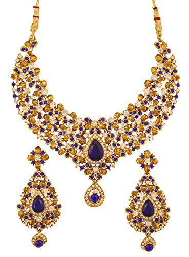 Touchstone Indian Bollywood Traditional Floral Theme White Rhinestone and Blue Faux Sapphire Bridal Designer Jewelry Necklace Set for Women in Antique Gold Tone