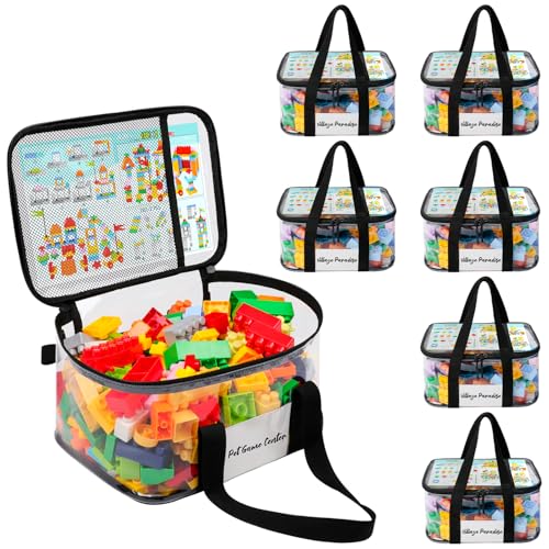 SIYNPAV 6 Pack Clear Toy Storage Bags for Lego with Tag Slot& Manual Pocket, Waterproof Transparent PVC Toy Organizer Case for Lego Bricks, Board Games, Building Blocks, Puzzles (Double Handle, Black)
