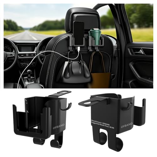 OFBAND 2PCS Multifunctional Car Cup Holder + Car Phone Holder + Car Purse Hook Hanging Back Seat Car Organizer with Headrest Hooks Universal Car Organizer Car Accessories Interior