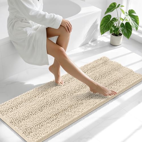 Image of Smiry Thick Chenille Bathroom Runner Rugs 47x17, Extra Absorbent Striped Bath Mat, Machine Washable, Rubber Backing, Long Bath Rugs for Tub & Shower, Modern Home Decor Accessories, Sand
