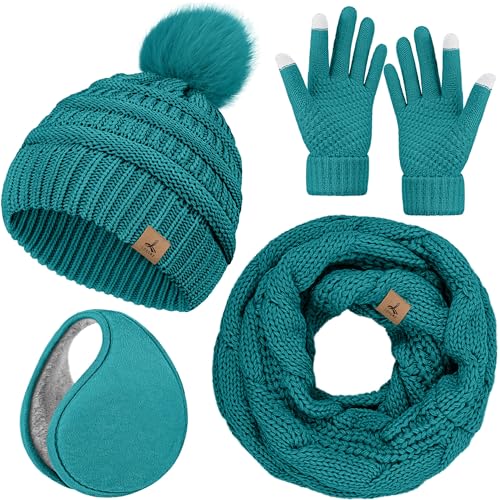 Wintermütze, Schal, Handschuhe und Ohrenwärmer, warme Strickmütze, Touchscreen-Handschuhe, Set, Wintergeschenke, Halstücher für Damen, Blau / Grün, 13*10.23 inch