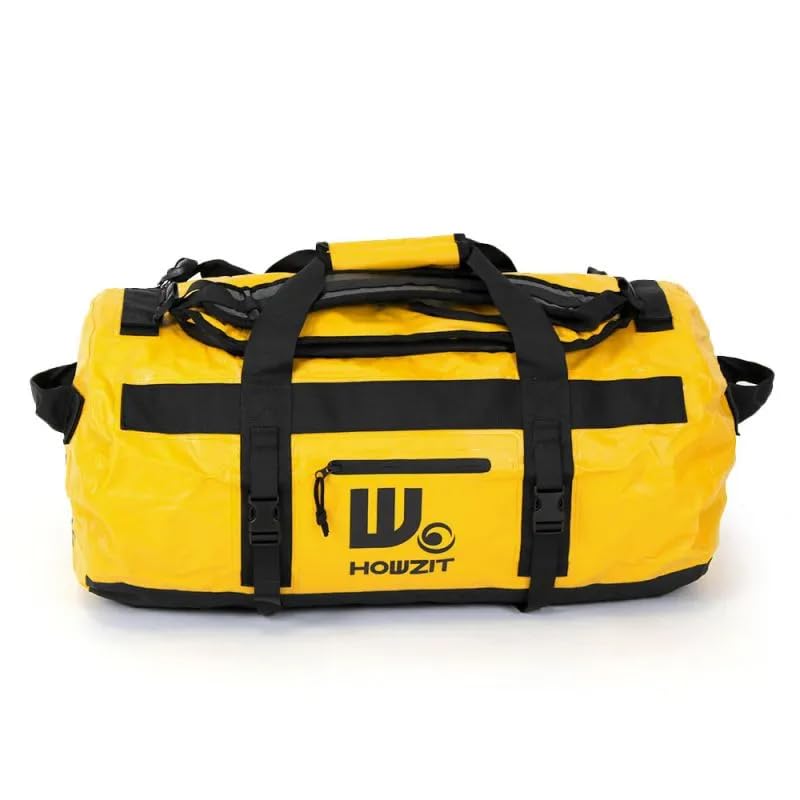 Howzit Sac de Voyage Étanche 60L – Grand Duffel Bag Imperméable en Polyester 500D – Convertible Sac à Dos ou Main – Coutures Soudées & Zip Étanche – Idéal Camping, Kayak et Nautisme (Jaune)