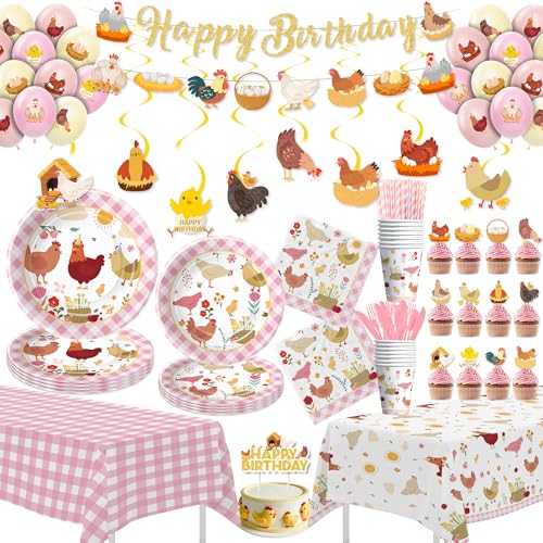 Owelleny Chicken Birthday Decorations Farm Animal Barnyard Pink Little Chick Birthday Party Supplies Paper Plate Napkin Cup Banner Hanging Swirls Tablecloth Balloon Cake Topper Serves 24