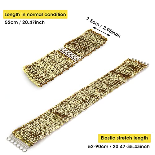 Grevosea 3 Pieces Sequin Belt Dress Belts for Women, Gold Wide Waist Belt Elastic Stretch Waistband Cinch Belt Metal Buckle for 70s 80s Costume Party Disco Party Women Girls (Gold Silver Black)3
