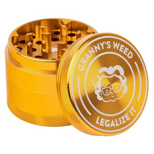 Granny‘s Premium Aluminium Grinder | messerscharfes Mahlwerk | ∅ 5,5 cm | 4-teilig | inkl. Pollenschieber | Kräutermühle in Gold u. weiteren edlen Designs