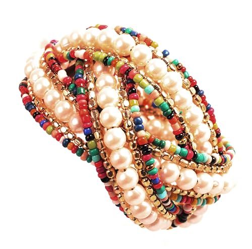 Image of Touchstone Indian Colorful Bead Bracelet Bollywood Beaten Metal Beads Openable Broad Cuff Bracelet in Gold or White Tone for Women.