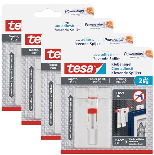 tesa Verstellbarer Klebenagel für Tapeten und Putz, Höhenverstellbarer, selbstklebender Wandnagel. (8x 2,0kg, Single)