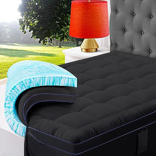 ABENE 3 Inch Dual Layer Memory Foam Mattress Topper, 2 Inch Memory Foam Plus 1 Inch Down Alternative Pillowtop Mattress Pad, with Bedside Pocket, Support for Back Pain