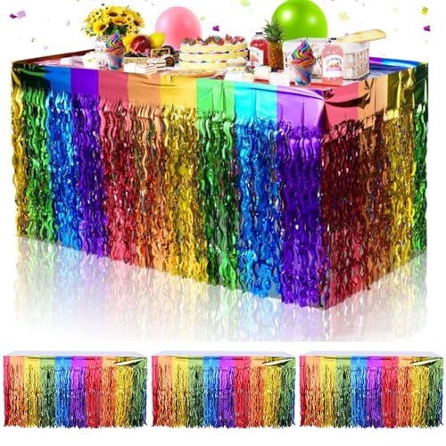 Tavolo Gonne Arcobaleno, Confezione da 4 Gonne da Tavolo con Frange in Lamina Metallica, L275 × H75 cm, Gonna da Tavolo Decorativa, Gonna da Tavolo con Nappe, Gonne da Tavolo per Feste