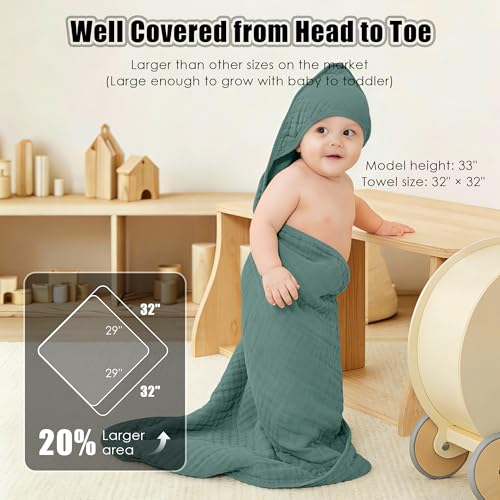 Image of Sunny zzzZZ Muslin Hooded Baby Bath Towels - 3 Pack 100% Cotton Soft Low-Saturation Pastel Towels Including Classic White for Newborns, Infants, Toddlers - 32x32 Inch - Deep Emerald and White