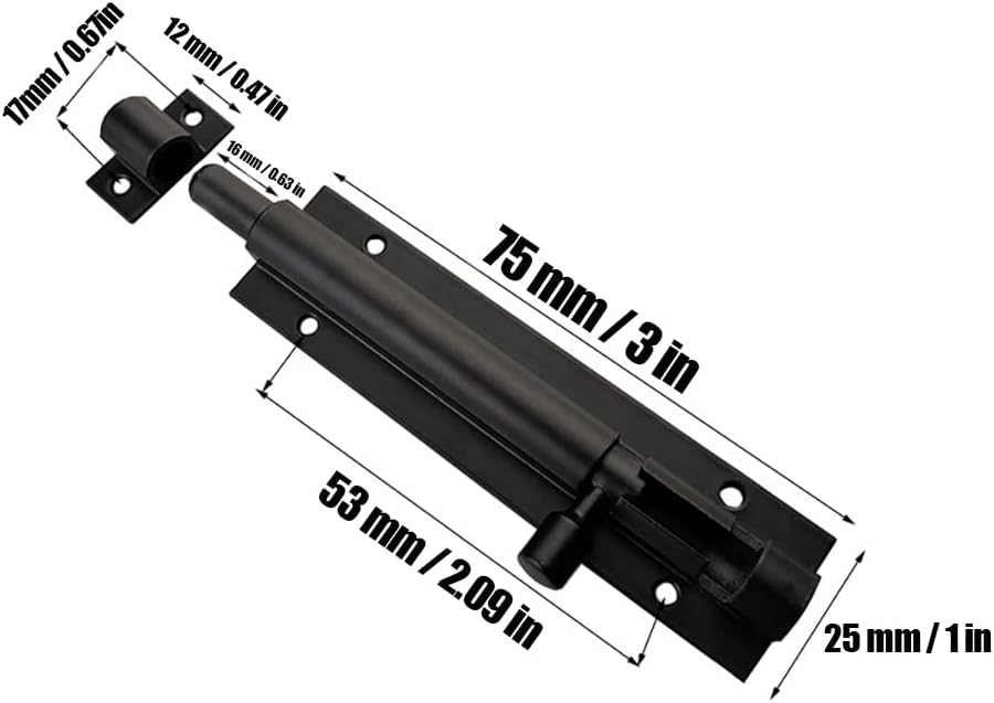 2 Pack 3 Inch Barrel Bolt Lock, Heavy Duty Slide Latch Lock, Security Sliding Latch Lock, Door Latch Lock Slide Bolt, Black