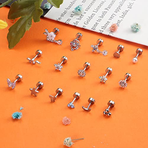 Loyallook 18G Cartilage Earrings For Women Men 316L Stainless Steel Stud Earrings Hypollergenic Snake Moon Flower Cz Screw Flatback Earrings Dangle Conch Helix Tragus Piercing Jewelry Silver Tone #TOP6