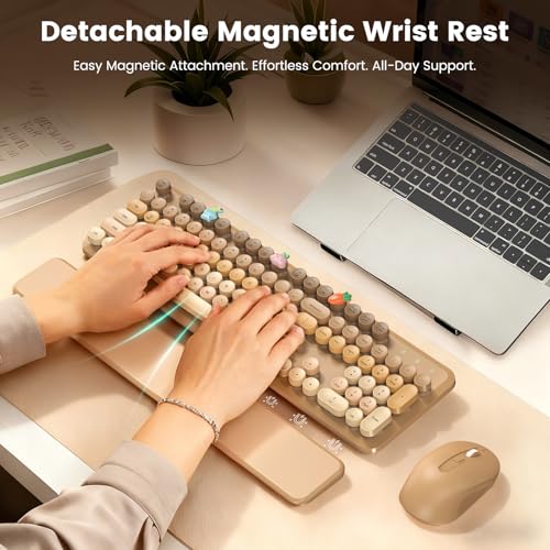 Image of Wireless Keyboard and Mouse Combo, Cute Retro Typewriter Keyboard with Round Keycaps, Full-Size Aesthetic Keyboard with Magnetic Wrist Rest, 2.4GHz USB for Windows /Mac Desktop Laptop (Latte Gradient)